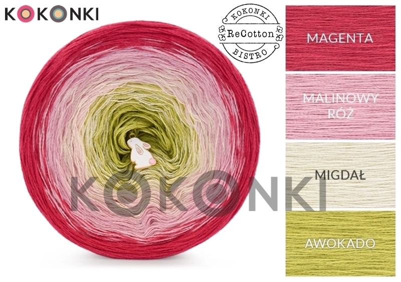 Klubíčko KOKONKI ReCotton RE066 Višňový koláč - Magenta/malinově růžový/mandlový/avokádový 3 nitky 1500m