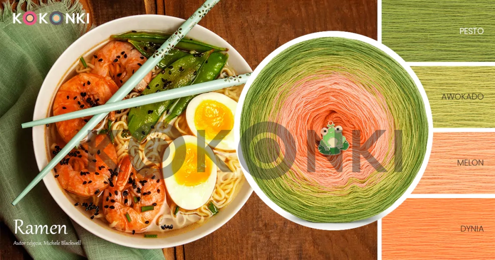 Klubíčko KOKONKI ReCotton RE075 Ramen - Pesto/avokádo/meloun/dýně 3 nitky 1500m