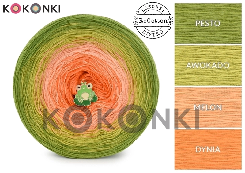 Klubíčko KOKONKI ReCotton RE075 Ramen - Pesto/avokádo/meloun/dýně 3 nitky 1500m