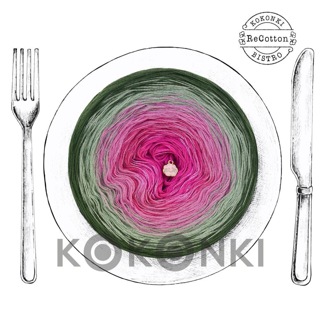 Klubíčko KOKONKI ReCotton RE078 Melounový cukr - jedle/šalvěj/růžová/fuchsie 3 nitky 1500m