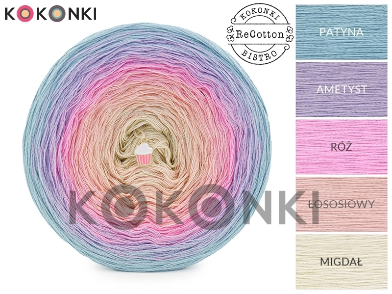 Klubíčko KOKONKI ReCotton RE079 - patina/ametyst/růžová/losos/mandle 4  nitky 1000m