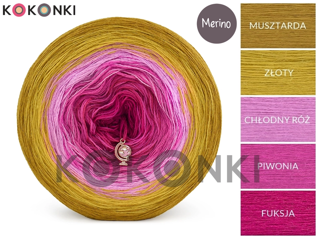 Klubíčko KOKONKI Merino 775 Sunkissed KNOP - hořčice/zlatá/studená růžová/pivoňka/fuchsie 3 nitky 1500m