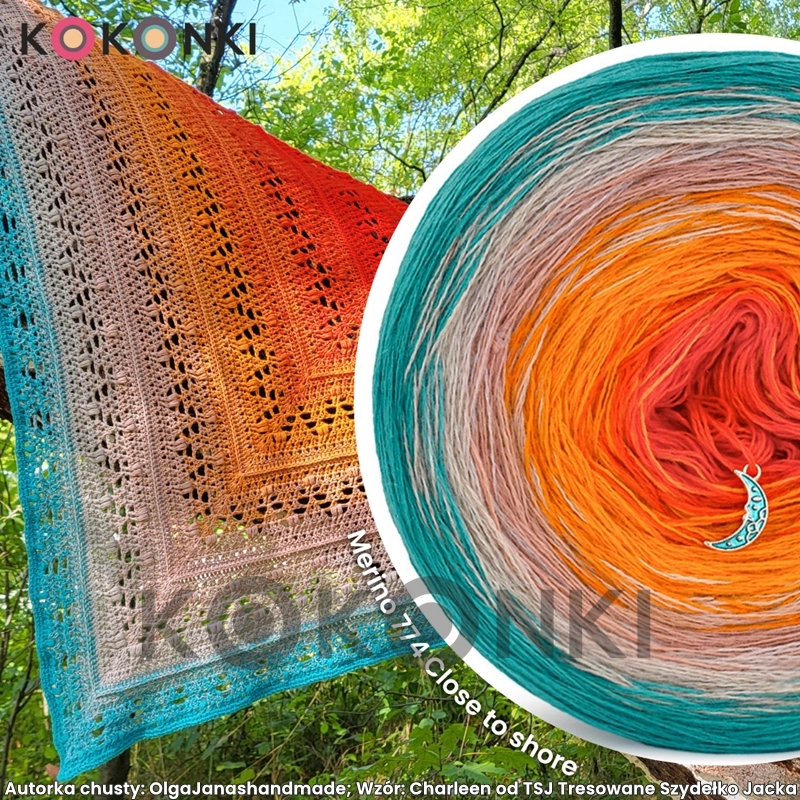 Klubíčko KOKONKI Merino 774 Blízko pobřeží - smaragd/safari/prašná meruňka/pomeranč/pomeranč/jeřabina 3 nitky 1500m