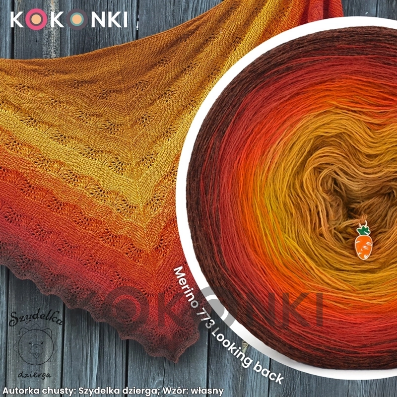 Klubíčko KOKONKI Merino KNOB 773 Pohled zpět - měděná melanž/cihla/červená/med/teplá hnědá 3 nitky 1500m