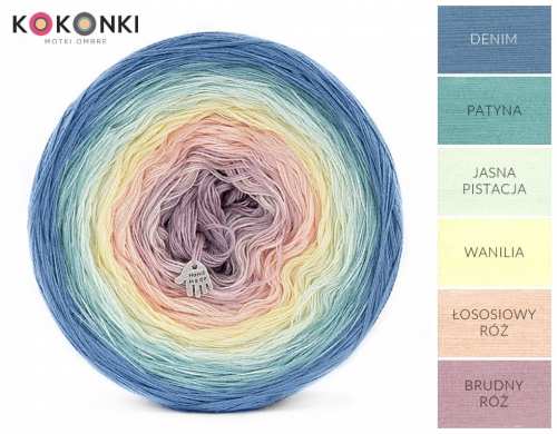 Klubíčko KOKONKI Classic A990 Jednorožec vybledlý - Džínovina / patyna / světlá pistácie / vanilka / lososová růžová / prachová růžová 3 nitky 1200m