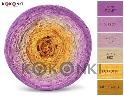 Klubíčko KOKONKI A470 Světle fialová / vřesová / špinavě růžová / teplá béžová / kurkuma / hořčice /3 nitka 1100m