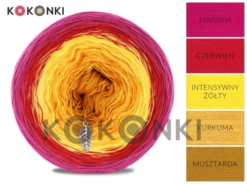 Klubíčko KOKONKI A219 Mehendi  - pivoňka / červená / intenzivní žlutá / kurkuma / hořčice 3 nitka 1600m