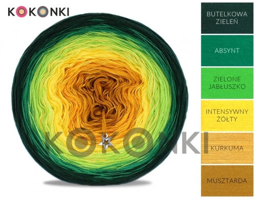 Klubíčko KOKONKI A212 Holi - Láhev zelená / absint / zelené jablko / intenzivní žlutá / kurkuma / hořčice 3 nitka 1600m