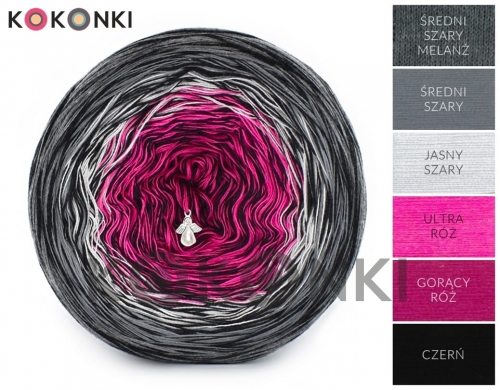 KOKONKI Kish Rare R73 - středně šedá melanž / středně šedá / světle šedá / ultra růžová / horká růžová + 2 prameny černé 5nitka 1800m