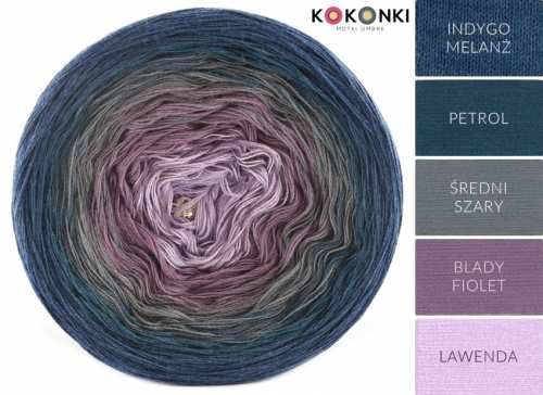 Klubíčko KOKONKI A446 Indigo melanž / benzín / středně šedá / bledě fialová / levandule 4nitky 1500m