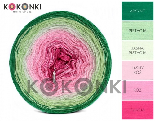 Klubíčko KOKONKI CLASSIC B018 Watermelon 2 Absint / pistácie / světle pistáciové / světle růžové / růžové / fuchsie 3 nitka 1400m