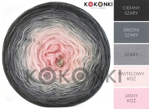 Klubíčko KOKONKI A210 Tmavě šedá / středně šedá / šedá / pastelově růžová / světle růžová / 3 nitka 1300m