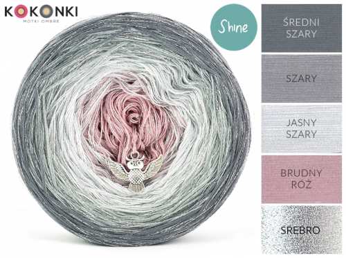 Klubíčko KOKONKI Shine S046 Středně šedá / šedá / světle šedá / špinavá růžová + stříbrná/ 3 nitky 1200m
