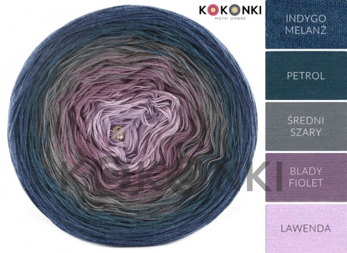 Klubíčko KOKONKI A446 Indigo melanž / benzín / středně šedá / bledě fialová / levandule 3 nitka 1200m