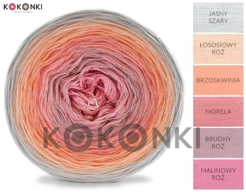 Klubíčko KOKONKI A482 Světle šedá / lososově růžová / broskvová / meruňková / špinavě růžová / malinová růžová / 3 nitka 1100m