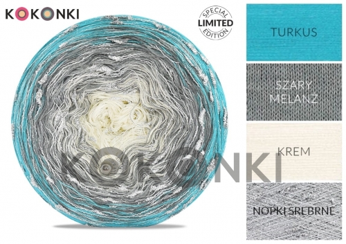 Klubíčko KOKONKI DIAMOND N004 Tyrkysová / šedá melanž / krémová + stříbrná nopki 3 nitka 1200m