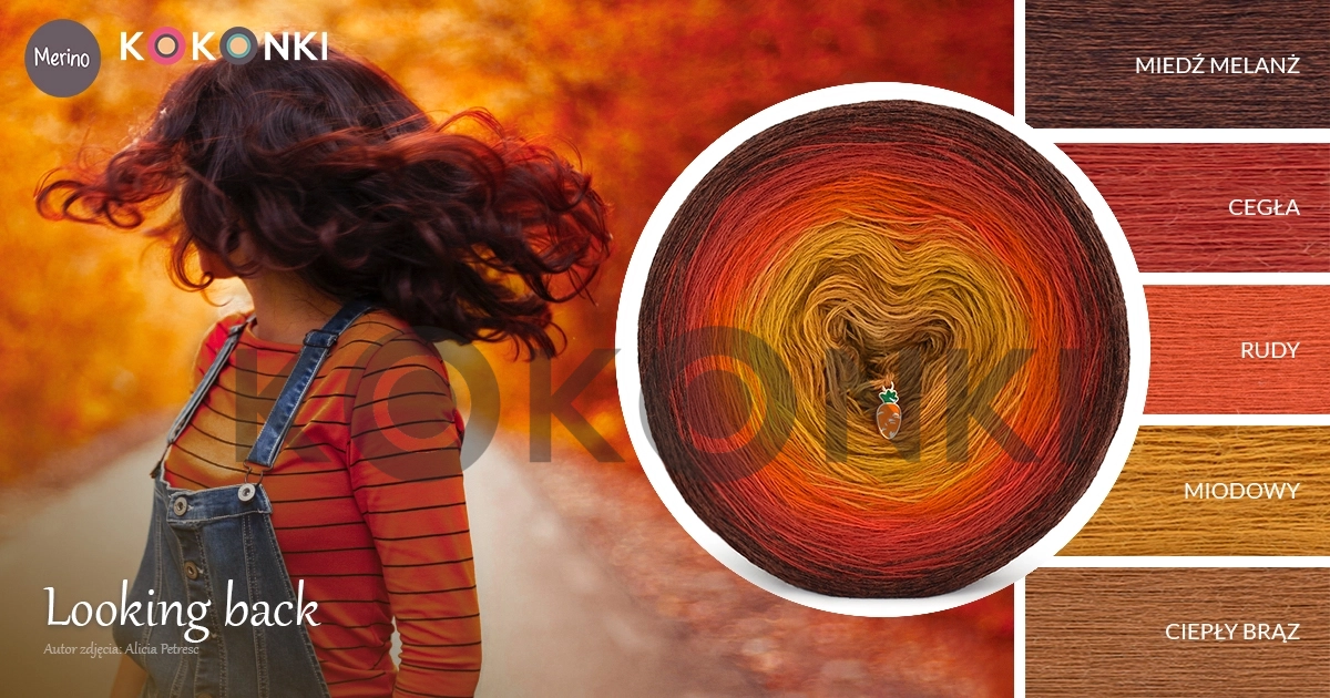 Klubíčko KOKONKI Merino KNOB 773 Pohled zpět - měděná melanž/cihla/červená/med/teplá hnědá 3 nitky 1200m
