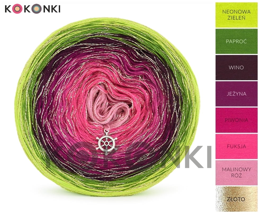 Klubíčko KOKONKI CLASSIC B158 Kaleo Handmade - neonově zelená / kapradí / víno / ostružina / pivoňka / fuchsie / malinová růžová + zlatá nit 3 nitky 2000m + 250m malinové růžové s lurexem