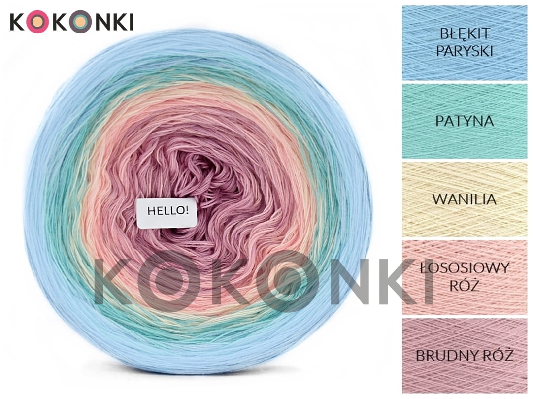 Klubíčko KOKONKI COTTON H039 pařížská modrá / patina / vanilka / lososová / špinavě růžová 3 nitka 1000m