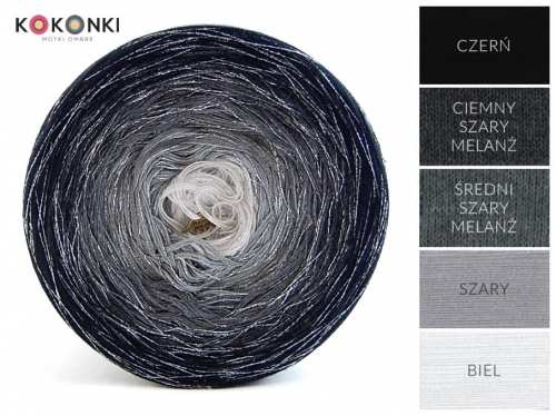 Kokonki Shine S001 černá / tmavě šedý vřes / středně šedá melange / šedá / bílá stříbrná lurexová nit