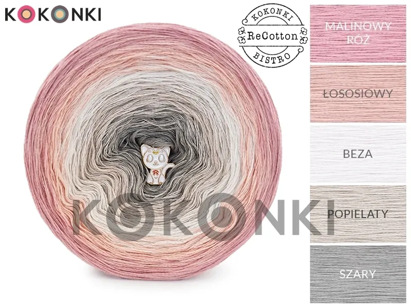Klubíčko KOKONKI ReCotton RE068 Classic Dessert - Malinová růžová/lososová/pusinka/šedá/šedá 3 nitky 1200m