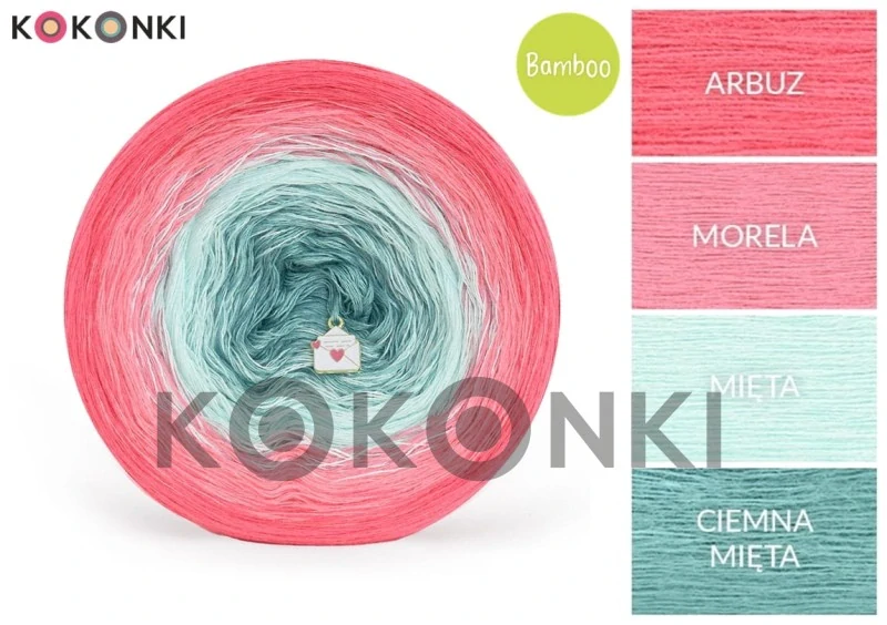 Klubíčko KOKONKI Bamboo BB75  Melounová/meruňková/mátová/tmavá máta 4nitky 1200m