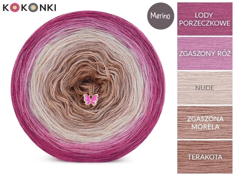 Klubíčko KOKONKI Merino 834 - Rybízová zmrzlina/prašně růžová/nahá/prašně meruňková/terakotová 3 nitky 1500m