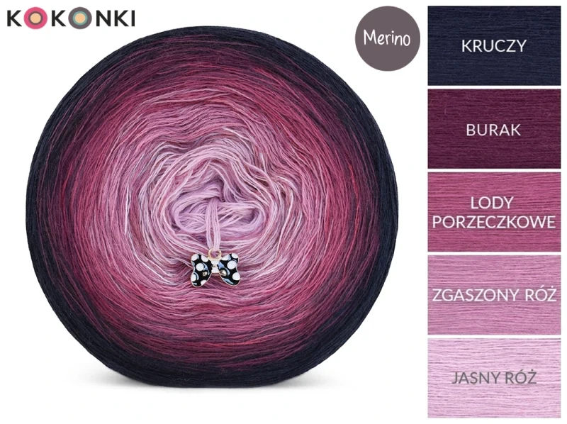 Klubíčko KOKONKI Merino 838 - Havraní/červená řepa/rybízová zmrzlina/prachová růžová/světle růžová 3 nitky 1200m