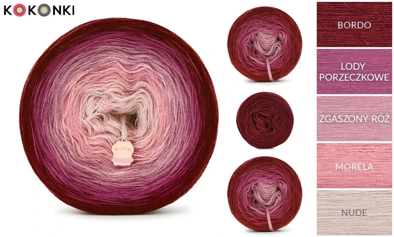 Sada na svetr/kardigan Nathalie od Kotek i motek 04 / Kokonki Merino / bordo/tmavástarorůžová/tlumená růžová/meruňková/tělová + vzor PDF