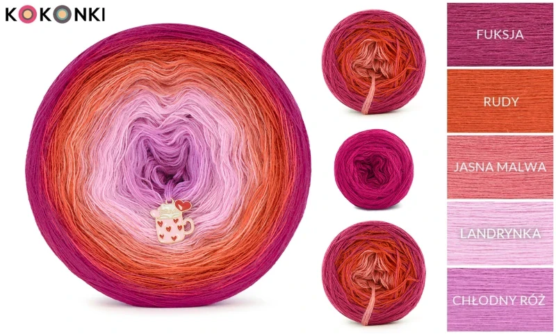 Sada na svetr/kardigan Nathalie od Kotek i motek 05 / Kokonki Merino / fuchsie/rudá/jasná meruňková/růžová/studená růžová + vzor PDF