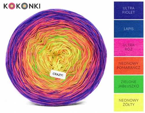 KOKONKI CRAZY C101 Ultrafialový / lapis / ultra růžový / neonový pomeranč / jablko zelený / neonově žlutý, 4 nitky, 1200 m, 320 