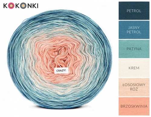 KOKONKI CRAZY C108 Benzín / lehký benzín / patina / krémová / lososově růžová / broskvová, 4 nitě, 1200 m, 320 g