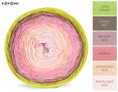 Klubíčko KOKONKI B050 Jarní louka - světle zelená / tmavě béžová / špinavě růžová / meruňková / lososově růžová / pastelově růžová/ 3 nitky 1100m