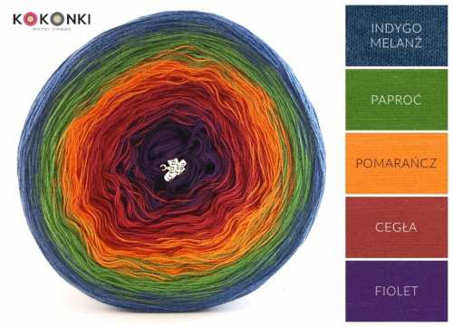 Klubíčko KOKONKI A445 Indigo melanž / kapradina / oranžová / cihla / fialová 4 nitky 1000m