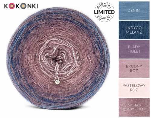 KOKONKI MATRI M02 - Denim / indigo melanž / bledě fialová / špinavě růžová / pastelově růžová + mohérová nit bledě fialová 1000m
