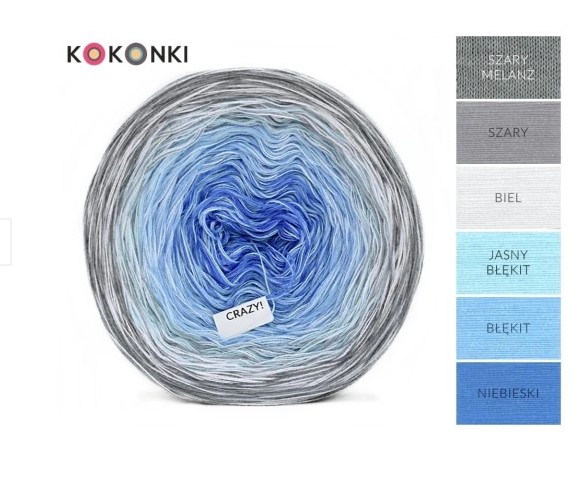 KOKONKI CRAZY C110 středně šedá/šedá/bílá/světle modrá/modrá/nebeská 4 nitě, 1200 m, 320 g