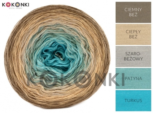 Klubíčko KOKONKI A158 Tmavě béžová / teplá béžová / šedobéžová / patina / tyrkysová 3 nitka 1200m
