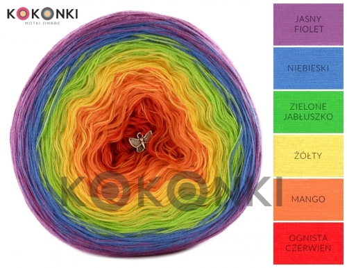 Klubíčko KOKONKI A454 Světle fialová / modrá / jablkově zelená / žlutá / mango / ohnivě červená 3 nitka 1200m
