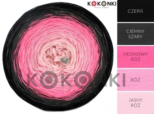Kokonki Shine S032 Černá / tmavě šedá / neonově růžová / růžová / světle růžová + stříbrná  3 nitka 1000m
