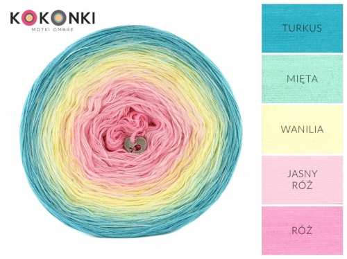 Klubíčko KOKONKI A759 Duha Marshmallows na OliMori - tyrkys / mint / vanilka / světle růžová / růžová/ 3 nitky 1100m
