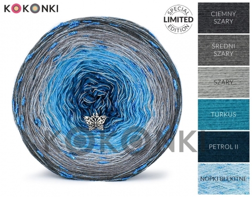 KOKONKI DIAMOND Merino N013 - tmavě šedá / středně šedá / šedá / tyrkysová / benzín II + modré nopky 3 nitka 1400m