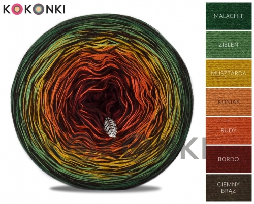 KOKONKI Merino Kish Rare R63 - malachit / zelená / hořčice / koňak / zázvor / vínová + 2 tmavě hnědé nitě 4 nitka 1200m