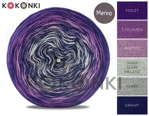 KOKONKI Merino Kish Rare R65 - fialová / cyklámenová / ametystová / světle šedá melanžová / šedá + 2 prameny námořnická modrá 4 nitka 1200m