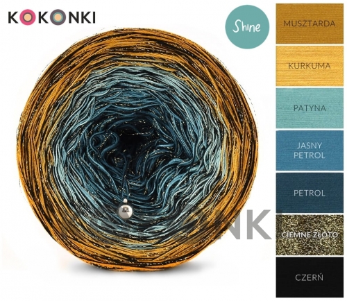 Kokonki  Shine Classic S064 Hořčice / kurkuma / patina / lehký benzín / benzín + 1 vlákno černé / 1 tmavé zlato 3 nitka 800m