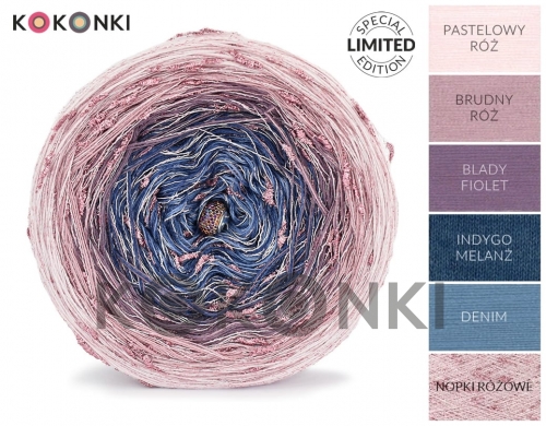 KOKONKI DIAMOND N033 - Pastelově růžová / špinavě růžová / bledě fialová / indigo melanž / denim + růžové nopky, 3 nitky 1600 m 430 g