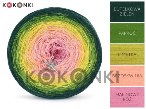 Klubíčko KOKONKI Classic B083 Crispy pink - Láhev zelená / kapradina / limetka / broskev / malinová růžová 3 nitka 1200m