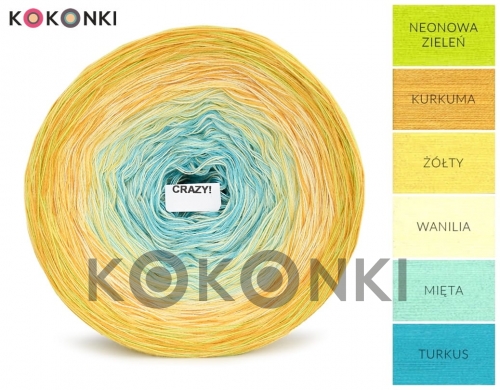 Klubíčko KOKONKI Crazy C113 Neonově zelená / kurkuma / žlutá / vanilka / máta / tyrkys 4 nitky 1200 m