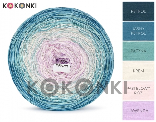 Klubíčko KOKONKI Crazy C115 Benzín / lehký benzín / patina / krémová / pastelově růžová / levandule 4 nitky, 1200 m, 320 