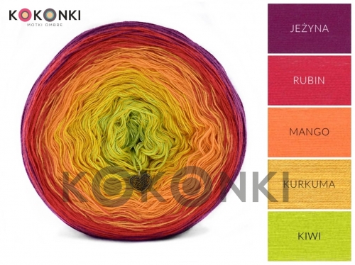 Klubíčko KOKONKI Classic A505 Blackberry / rubín / mango / kurkuma / kiwi 3 nitky 1200m