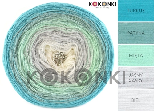 Klubíčko KOKONKI Classic A877 Tyrkys / patina / mint / světle šedá / bílá 3nitka 1000m